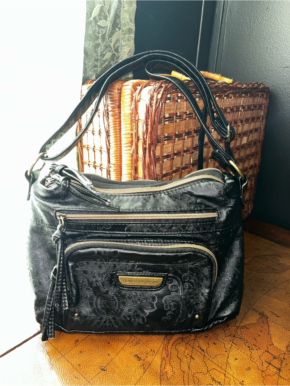 Stone Mountain USA Black Embossed Crossbody Hobo Bag with Gold Hardware